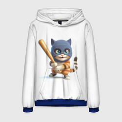 Толстовка-худи мужская Прикольный котёнок с бейсбольной битой и в балакла, цвет: 3D-синий