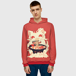 Толстовка-худи мужская Japanese cat eats ramen, цвет: 3D-красный — фото 2