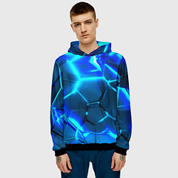 Толстовка-худи мужская Неоновые холодные голубые плиты в разломе, цвет: 3D-черный — фото 2