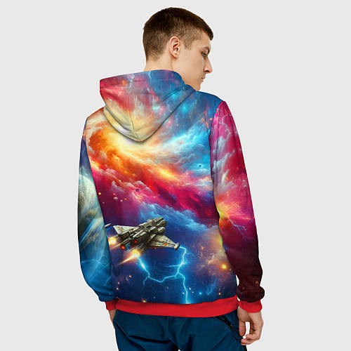 Мужская толстовка Космолёт в неоновом космосе / 3D-Красный – фото 4