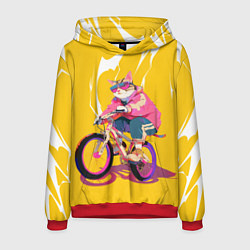 Толстовка-худи мужская Кот на велосипеде жёлтый фон, цвет: 3D-красный