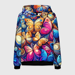 Толстовка-худи мужская Разноцветные бабочки - нейросеть, цвет: 3D-черный