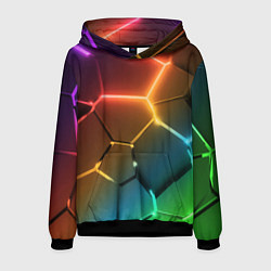 Толстовка-худи мужская Радужные неоновые плиты в разломе, цвет: 3D-черный