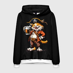 Толстовка-худи мужская Весёлый кот пират с пивом, цвет: 3D-белый