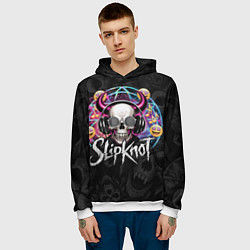 Толстовка-худи мужская Slipknot на фоне черепа демона с рогами в очках, цвет: 3D-белый — фото 2