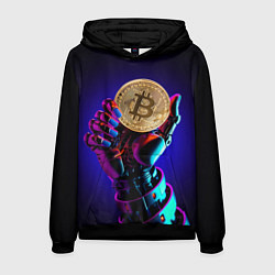 Толстовка-худи мужская Биткойн в руке киборга, цвет: 3D-черный