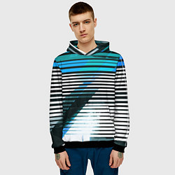 Толстовка-худи мужская Сине-чёрные полосы на белом фоне, цвет: 3D-черный — фото 2