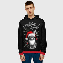 Толстовка-худи мужская Милый кролик в шапке Деда Мороза, цвет: 3D-красный — фото 2