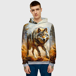 Толстовка-худи мужская Волк в осеннем лесу, цвет: 3D-меланж — фото 2