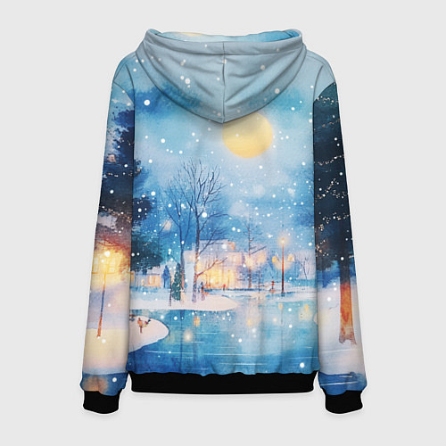 Мужская толстовка Новогодняя атмосфера - акварель / 3D-Черный – фото 2