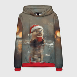 Толстовка-худи мужская Новогодняя выдра с кружкой кофе, цвет: 3D-красный