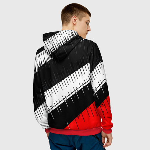 Мужская толстовка Диагональные чёрно-белые полосы на красном фоне / 3D-Красный – фото 4