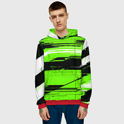 Толстовка-худи мужская Горизонтальные чёрно-белые линии на зелёном фоне, цвет: 3D-красный — фото 2