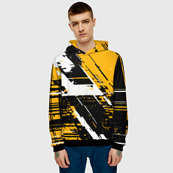 Толстовка-худи мужская Diagonal black and white stripes on a yellow backg, цвет: 3D-черный — фото 2