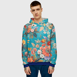 Толстовка-худи мужская Цветочки на голубом фоне, цвет: 3D-синий — фото 2