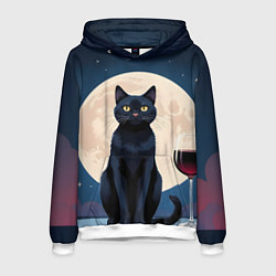 Толстовка-худи мужская Кот с вином под луной, цвет: 3D-белый