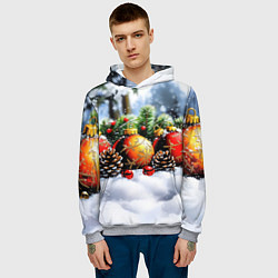 Толстовка-худи мужская Красные и желтый новогодние шары, цвет: 3D-меланж — фото 2