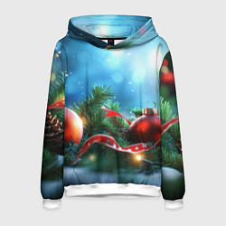 Толстовка-худи мужская Красные игрушки новогодние, цвет: 3D-белый
