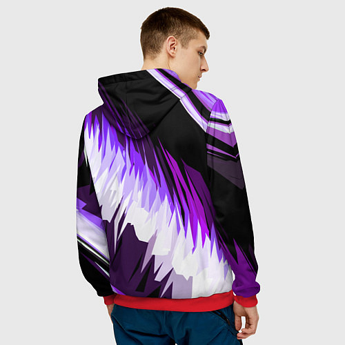 Мужская толстовка Бело-фиолетовые острые полосы на чёрном фоне / 3D-Красный – фото 4