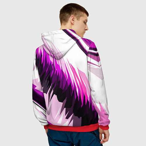 Мужская толстовка Чёрно-розовые острые полосы на белом фоне / 3D-Красный – фото 4