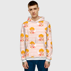 Толстовка-худи мужская Полосатый паттерн с милыми купидонами, цвет: 3D-белый — фото 2