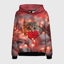 Толстовка-худи мужская Кошечка с сердечком и с гирляндой, цвет: 3D-черный