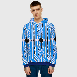 Толстовка-худи мужская Бело-синие техно полосы на чёрном фоне, цвет: 3D-синий — фото 2