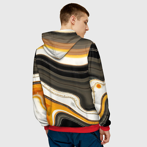 Мужская толстовка Волнистые чёрно-жёлтые полосы на белом фоне / 3D-Красный – фото 4