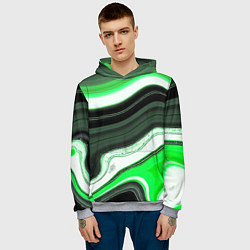Толстовка-худи мужская Волнистые горизонтальные чёрно-зелёные полосы на б, цвет: 3D-меланж — фото 2