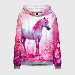 Толстовка-худи мужская Белая лошадь с розовой гривой, цвет: 3D-меланж