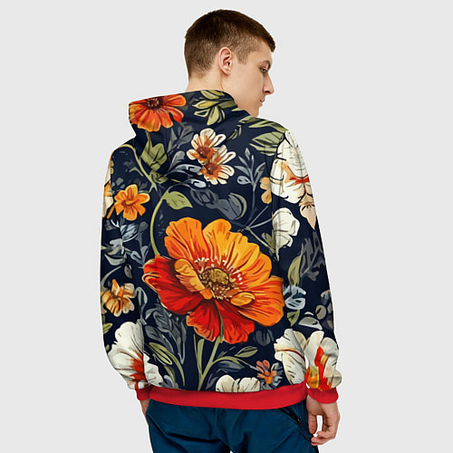 Мужская толстовка Маки и пионы старинный паттерн / 3D-Красный – фото 4