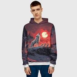 Толстовка-худи мужская Волк воет на красную луну, цвет: 3D-белый — фото 2