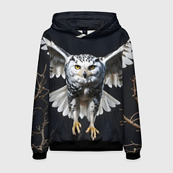 Толстовка-худи мужская Белая сова на темном фоне, цвет: 3D-черный