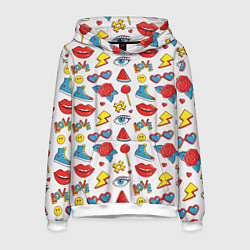 Толстовка-худи мужская Паттерн с яркими молодежными стикерами, цвет: 3D-белый