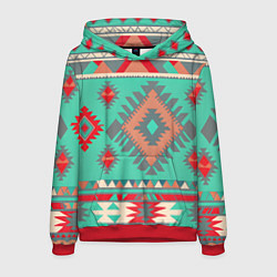 Толстовка-худи мужская Оранжево бирюзовый геометрический узор в стиле ацт, цвет: 3D-красный