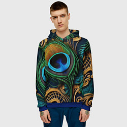 Толстовка-худи мужская Узоры и перья павлина, цвет: 3D-синий — фото 2