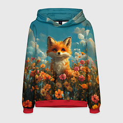 Толстовка-худи мужская Лисица в цветочном поле, цвет: 3D-красный