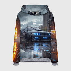 Толстовка-худи мужская BMW синие фары дождливая погода, цвет: 3D-меланж