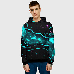 Толстовка-худи мужская Голубые неоновые волны текстура, цвет: 3D-черный — фото 2