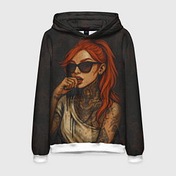 Толстовка-худи мужская Рыжая девушка в очках с тату, цвет: 3D-белый