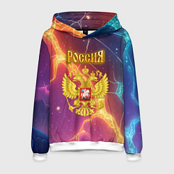 Толстовка-худи мужская Герб России - красные и синие молнии, цвет: 3D-белый