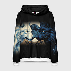 Толстовка-худи мужская Инь янь волк и волчица с луной, цвет: 3D-белый