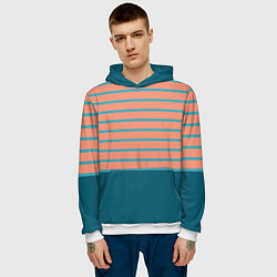 Толстовка-худи мужская Полосатый мандариновый морской рассвет с однотоном, цвет: 3D-белый — фото 2