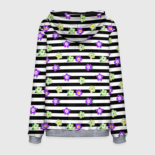 Мужская толстовка Фиолетовые зеленый цветы на черно белом полосатом / 3D-Меланж – фото 2