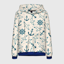 Толстовка-худи мужская Морской паттерн из штурвалов, чаек и якорей, цвет: 3D-синий