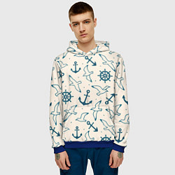 Толстовка-худи мужская Морской паттерн из штурвалов, чаек и якорей, цвет: 3D-синий — фото 2