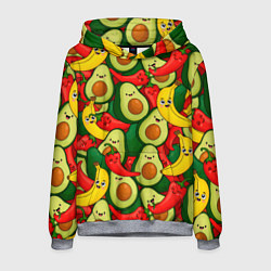 Толстовка-худи мужская Авокадо, бананы, перцы чили улыбаются - паттерн фр, цвет: 3D-меланж