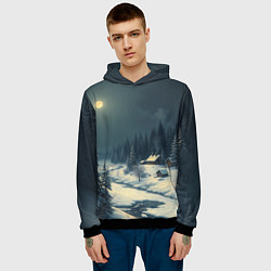 Толстовка-худи мужская Лунная зимняя ночь в лесу у реки, цвет: 3D-черный — фото 2