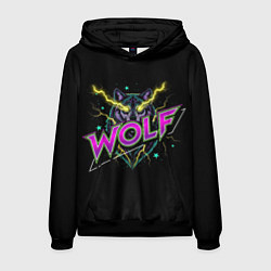 Толстовка-худи мужская Голова волка со светящимися желтыми глазами, цвет: 3D-черный