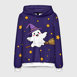 Толстовка-худи мужская Хэллоуин, привидение на метле, цвет: 3D-белый